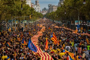 BARCELONA, SPAIN - SEPTEMBER 11:  Demonstrators march during The National Day of Catalonia on September 11, 2013 in Barcelona, Spain. Thousands of Catalans celebrating the 'Diada Nacional' are holding demostrations to demand the right to hold a self-determination referendum next year.  (Photo by David Ramos/Getty Images)